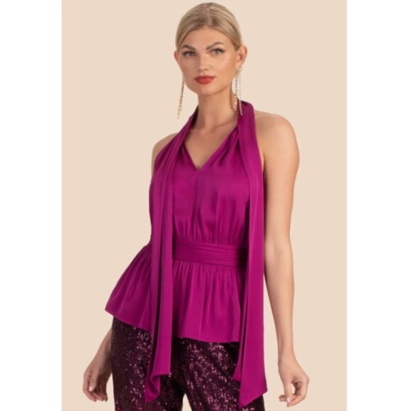 Trina Turk Tops - Trina Turk 'Eris' Sleeveless Silk-Blend Tie-Neck Halter Top, Festive Fuchsia